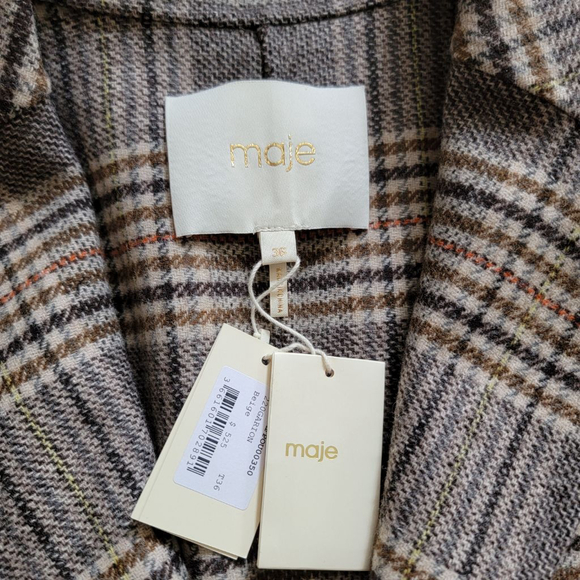 Maje Garion Plaid Wool Blend Blazer Nuetral Collared Women's 36 NWT - Picture 2 of 6
